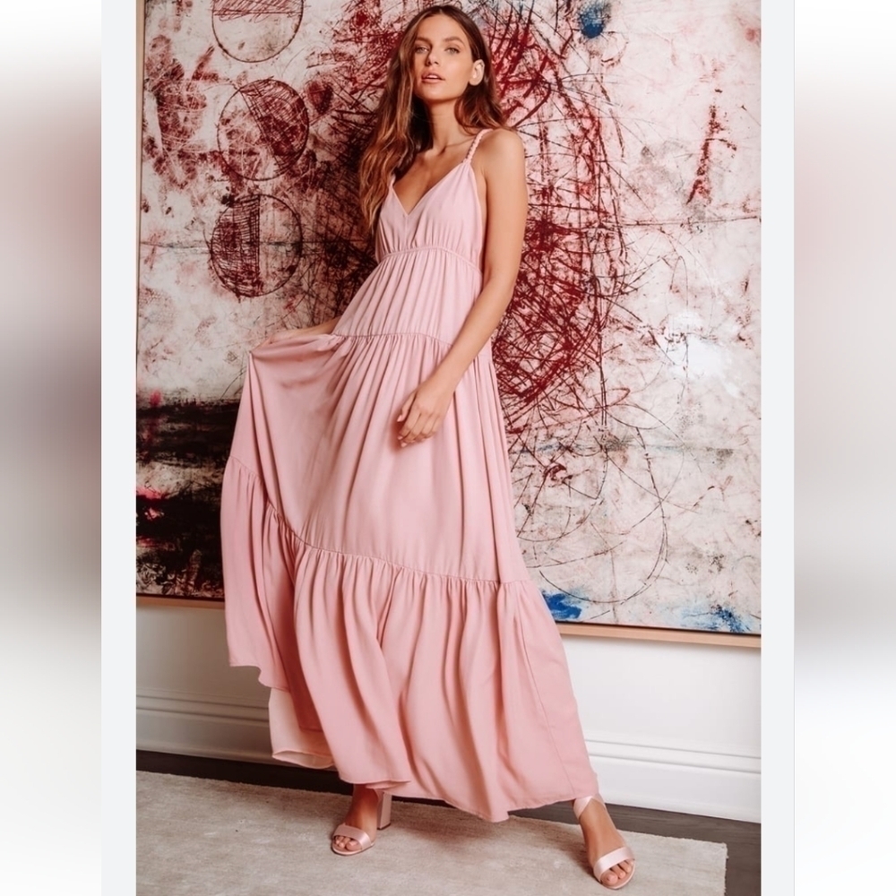 Lulus Sunshine Bound Mauve Pink Tiered Maxi Dress V Neck Adjustable Size Large